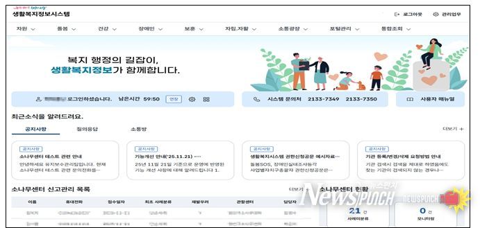 생활복지정보시스템내 메인화면