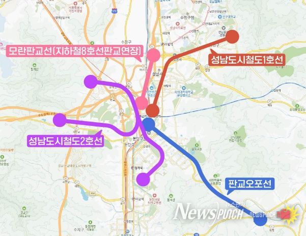 경기도 도시철도망 구축계획에 반영된 성남시 4개 도시철도 노선