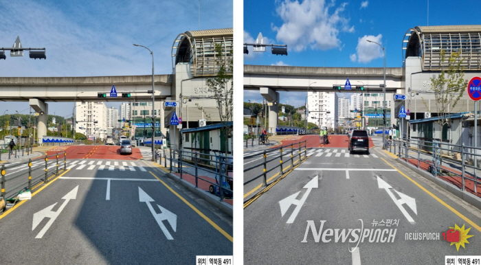 횡단보도와 차량정지선 이격거리를 5m로 확대한 처인구 역북동 491번지의 모습. 사진은 이격거리 확대 전(좌)과 확대 후(우)의 모습.