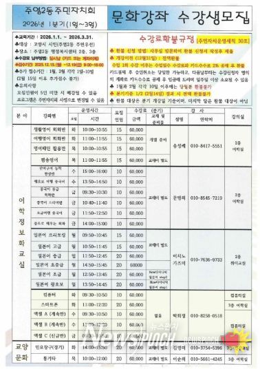 고양시 주엽2동, 2026년 1분기 문화강좌 접수 시작