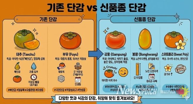 국산 단감 신품종 비교 안내 이미지 : 기존 일본 품종 단감과 국산 신품종 ‘감풍’, ‘봉황’, ‘스위트폴리’의 특성과 장점을 비교해 소개하고 있다.