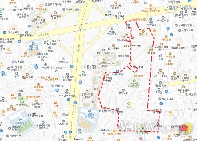 2025년 제6차 주택재개발 후보지 선정구역 - 금천구 독산동 979 일대 위치도(대상지 구역계는 선정위원회 조건이행 및 신속통합기획 등 계획수립 과정에서 변경될 수 있음)