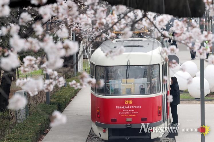 화랑대철도공원의 모습. 이색적인 실물 기차(체코 트램)가 주변의 경관과 잘 어우러진다.