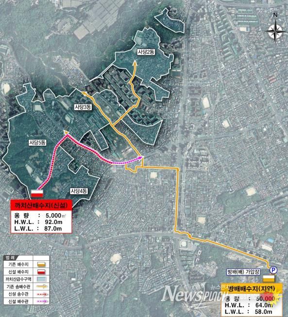 까치산배수지를 통해 수돗물을 공급받는 지역 위치도