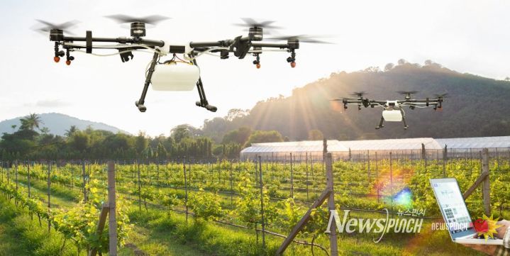 - 밀양시가 추진하는 ‘2050 미래농업’ 프로젝트가 그리는 첨단 스마트 농업의 미래상. 드론과 ICT 기술을 활용해 생산성을 극대화하는 데이터 기반 농업 현장을 시각화한 이미지(AI 생성).