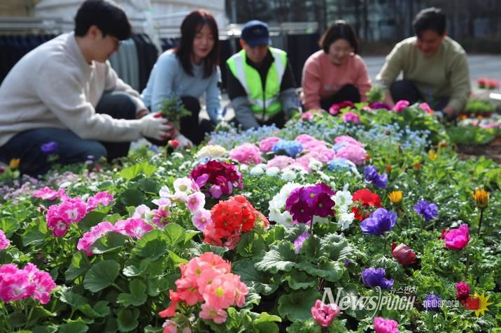 성동구 왕십리광장에서 공원녹지과 직원들이 봄을 맞아 꽃 식재 작업을 하고있는 모습