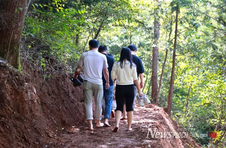 보성군, 읍면별 1개소 ‘맨발산책길’ 조성 본격화_보성읍 망제산에 조성한 ‘맨발 산책길’을 주민들이 걷고 있다