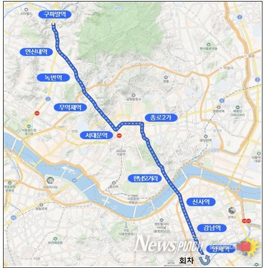 A741 운행 개요- 운행구간 : 구파발역~독립문~광화문역~강남역~양재역(편도 23.5km)